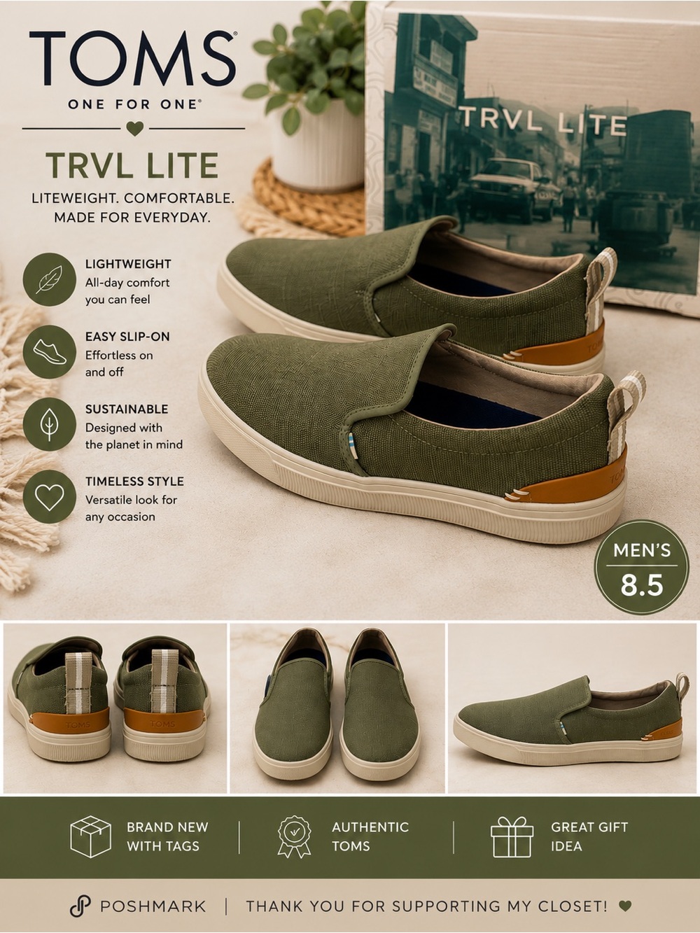 TOMS TRVL Lite Slip-On Sneakers in Olive Green and Tan Accent